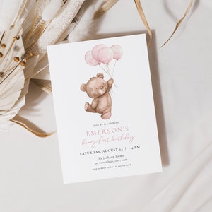 Pink Beary First Birthday Invitation Template for Balloons & Bear Girl 1st Birthday Invite | BERDINE Collection bild 1