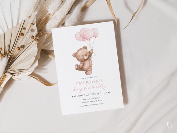 Pink Beary First Birthday Invitation Template for Balloons & Bear Girl 1st Birthday Invite | BERDINE Collection