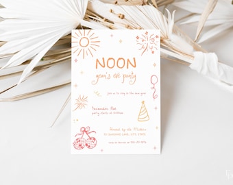 May include: A white New Year's Eve party invitation with a gold and pink color scheme. The invitation features hand-drawn illustrations of fireworks, a party hat, a balloon, and a sun. The text reads "NOON year's eve party" and "December 31st, party starts at 11:00am".