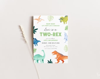 Two-Rex Dinosaur Birthday Invitation Template  Boy Two Rex Jurassic Colorful Dino 2nd Birthday Invite Digital Download | HECTOR Collection