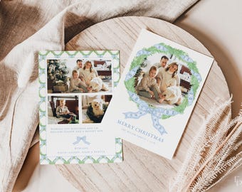 Grandmillenial Christmas Card Template for Preppy Blue Chinoiserie Bow Wreath Christmas Holiday Family Photo Card | MATTIAS Collection