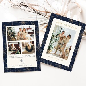 Navy Blue Christmas Photo Card Template for Modern Blue & Gold Portrait Family Picture Holiday Card | HARMONIA Collection