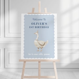 Blue One Silly Goose 1st Birthday Welcome Sign Template for Blue Goose Boy First Birthday Printable Welcome Poster | GANNET Collection