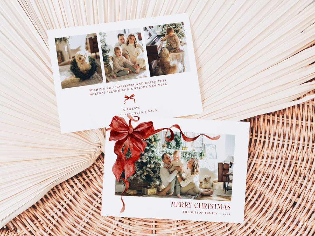 Red Bow Christmas Card Template for Editable Horizontal Classic ...