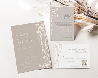 Modern Pearl Wedding Invitation Suite Template with Printable 5x7 Invite, QR Code RSVP Card & Details Card | MEGAN Collection
