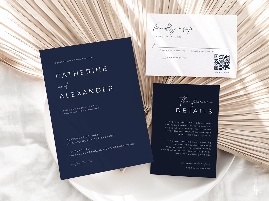 Modern Navy Blue Wedding Invitation Suite Template With Printable 5x7 ...