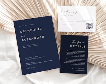 Modern Navy Blue Wedding Invitation Suite Template with Printable 5x7 Invite, RSVP Card & Details Card | ODETA Collection