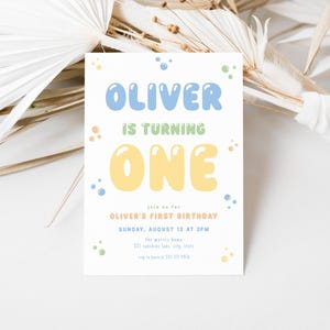 Boy 1st Birthday Invitation Template for Blue Yellow Green Colorful Bubble Balloon Letters Boy First Birthday Invite | QUINCY Collection