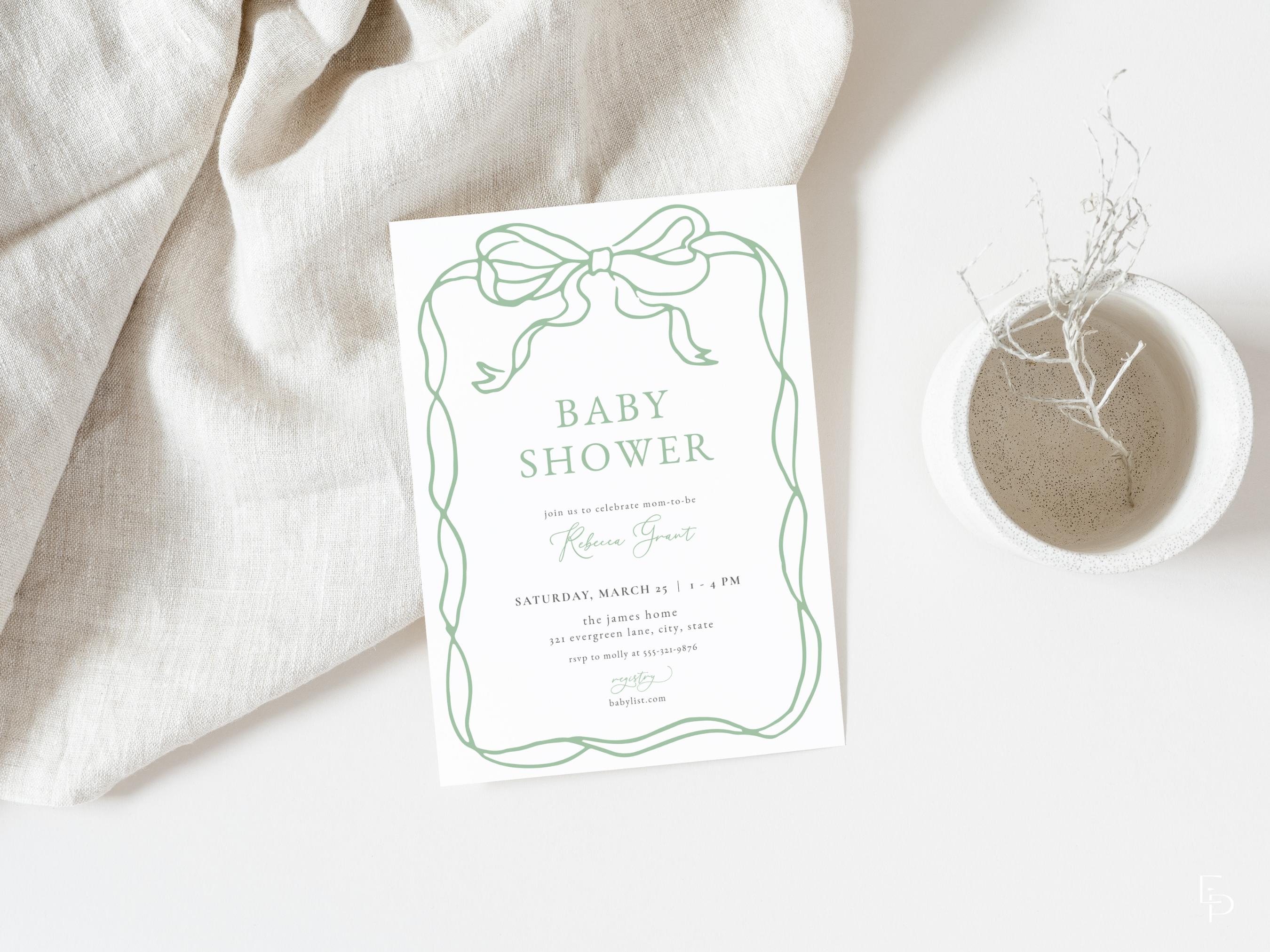 Green Bow Baby Shower Invitation Template for Classic Hand Drawn Ribbon ...