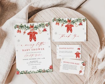 Puede incluir: Un conjunto de invitaciones para baby shower con temática navideña. Las invitaciones presentan un body rojo, copos de nieve y vegetación festiva. La invitación principal dice "A Merry Little Baby Shower". Tarjetas adicionales incluyen "Thank You", "Diaper Raffle" y "Books for Baby".