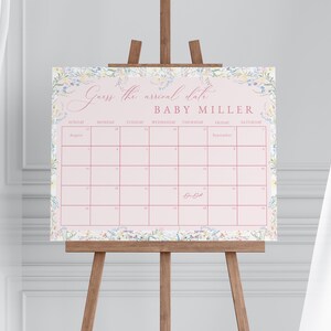 Baby in Bloom Baby Shower Guess the Due Date Calendar Game Sign Template for Floral Girl Pink Baby Shower Arrival | FLORETTA Collection