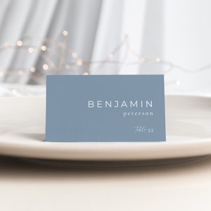 Modern Minimalist Dusty Blue Place Card Template with Meal Icons for Weddings | NILA Collection