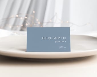 Modern Minimalist Dusty Blue Place Card Template with Meal Icons for Weddings | NILA Collection