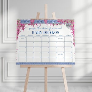 Mamma Mia Baby Shower Guess the Due Date Calendar Game Sign Template for Mamma Mia Greek Tiles Baby Shower Arrival Poster | DELIA Collection