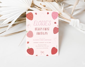 Berry First Birthday Invitation Template for Editable Girl Bow & Strawberry 1st Birthday Invite Digital Download | ICHIGO Collection