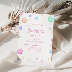 Little Sweetheart Birthday Invitation Template for Pastel Valentine Conversation Candy Hearts Birthday Invite | CARON Collection