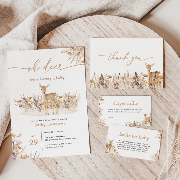 Prairie Boho Neutral Oh Deer Baby Shower Invitation Bundle Template | FAWNA Collection