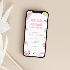Pink Pool Party Birthday Digital Invite Template for Girl Summer Splish Splash Birthday Text Message Invitation | SORLEY Collection