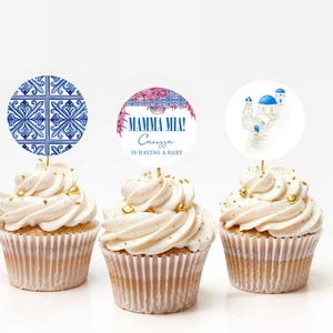 Mamma Mia Baby Shower Cupcake Topper Template for Mamma Mia Greek Blue Tiles Greece Baby Shower Cupcake Toppers | DELIA Collection