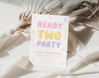 May include: A white invitation card with colourful text that reads "Ready Two Party". The invitation is for Harlow's second birthday party on Sunday, 23rd March at 2PM.