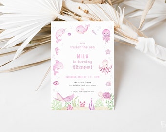 Pink Under the Sea Birthday Invitation Template Editable girl Under the Sea Birthday Party Invite Digital Download | ASHERAH Collection