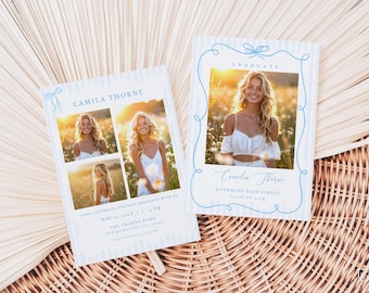 Blue Bow Graduation Announcement Card Template Editable Grad Bow Stripes Photo Graduation Party Invite Digital Download | SHAI Collection