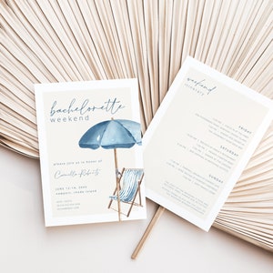 May include: Two invitation cards with a beach theme. One card says "bachelorette weekend" with a watercolor illustration of a blue umbrella and beach chair. The other card is a weekend itinerary. Both cards have a light beige background.