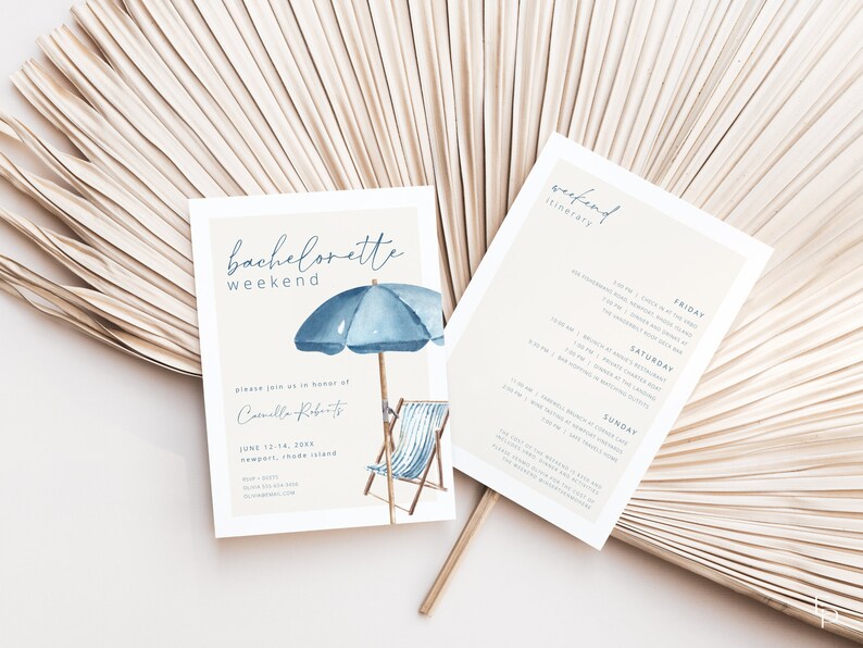 May include: Two invitation cards with a beach theme. One card says "bachelorette weekend" with a watercolor illustration of a blue umbrella and beach chair. The other card is a weekend itinerary. Both cards have a light beige background.