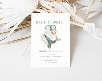 Blue Whale Oh Whale Birthday Invitation Template for Editable Blue Boy Whale Birthday Invite Digital Download | WHALEI Collection