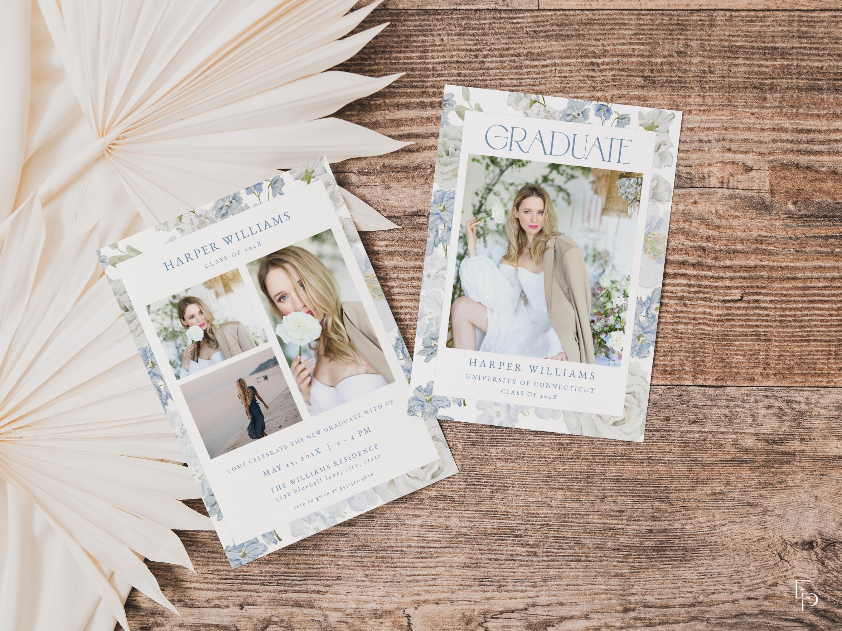 Dusty Blue Floral Graduation Announcement Card Template for Blue Flower ...