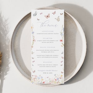 Lifetime of Butterflies Bridal Shower Menu Template for Butterfly Spring Floral 4x9 Menu | CALIGO Collection