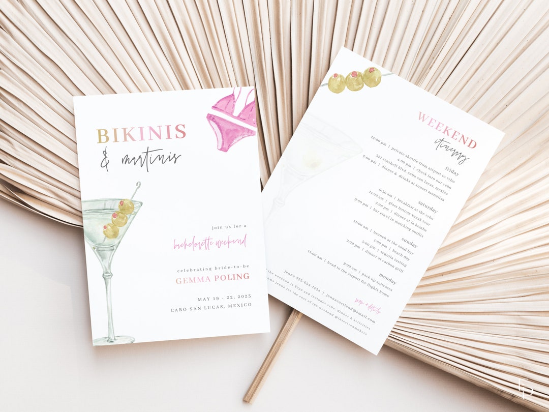 Bikinis and Martinis Bachelorette Weekend Invite and Itinerary Template
