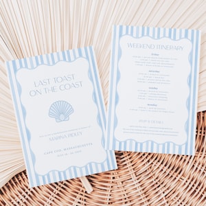 Blue Last Toast on the Coast Bachelorette Weekend Invite and Itinerary Template for Coastal Grandmother Bachelorette | DELMARE Collection