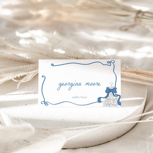 Whimsical Something Blue Place Card Template for Blue Bow & Champagne Tower Bridal Shower Name Card or Buffet Card | AMRIN Collection
