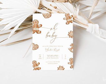 May include: A baby shower invitation featuring gingerbread man illustrations on a white background. The words "Oh baby" are written in gold script. The invitation includes the date, time, and location of the event.