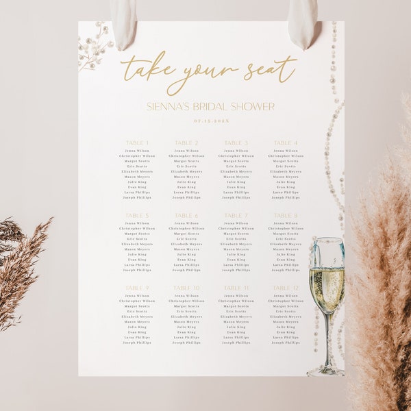 Pearls and Prosecco Bridal Shower Seating Chart Sign Template | GRETCHEN Collection