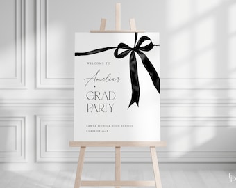 Black Bow Graduation Party Welcome Sign Template Editable Black Coquette Graduation Welcome Poster Digital Download | CIARAN Collection
