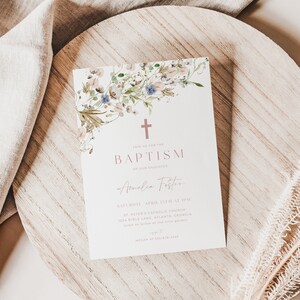Wildflower Pink Girl Christening Baptism Invitation Template | EDEN Collection