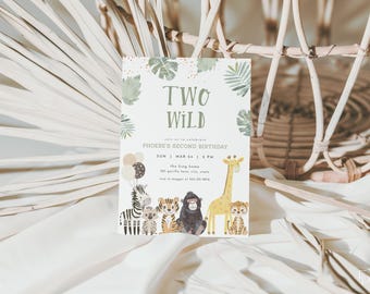 Two Wild Birthday Invitation Template for Editable Party Animals Jungle Safari 2nd Birthday Invite Digital Download | CADEN Collection