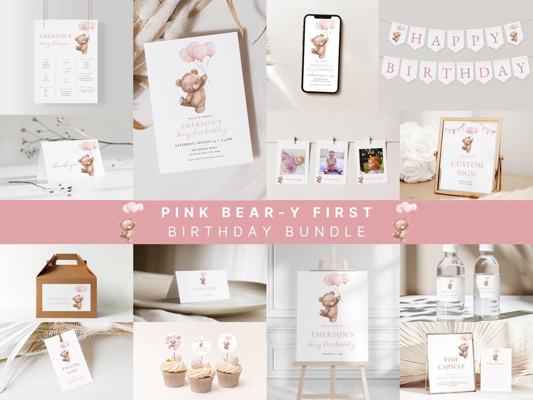 Pink Beary First Birthday Bundle Template for Balloons & Bear Girl 1st ...