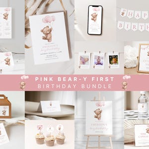 Pink Beary First Birthday Bundle Template for Balloons & Bear Girl 1st Birthday Invitation Bundle Set | BERDINE Collection