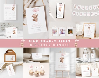 Pink Beary First Birthday Bundle Template for Balloons & Bear Girl 1st Birthday Invitation Bundle Set | BERDINE Collection