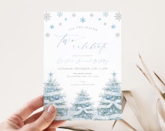 Blue Christmas 2nd Birthday Invitation Template for Blue Boy Snowflake Christmas Tree Second Birthday Invite Editable | ZANE Collection