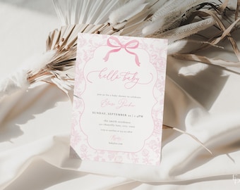 Pink Toile De Jouy Baby Shower Invitation Template for Girl Vintage Bow Chinoiserie Baby Shower Invite | ADALINE Collection