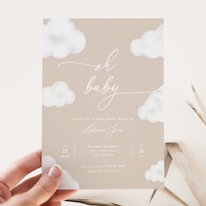 Oh Baby Modern Neutral Cloud Baby Shower Invitation Template for Beige On Cloud Nine Baby Shower Invite | ANAN Collection