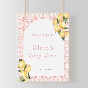 Lemon Pink Mediterranean Tiles Baby Shower Welcome Sign Template for Girl Italian Tiles Baby Shower Poster | GIANNA Collection