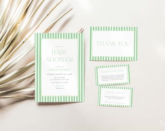 Green Baby Shower Invitation Bundle Template for Gender Neutral Hand Drawn Green Stripes Green Baby Shower Invite Digital | EDMOND Collectio