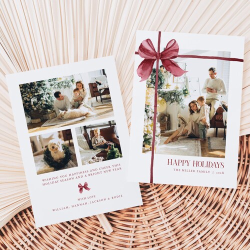 Christmas Red Bow Photo Holiday Card Template for Two-Sided Red Gift Wrapped Family Photo Christmas Card | CHRISTOPHER Collection