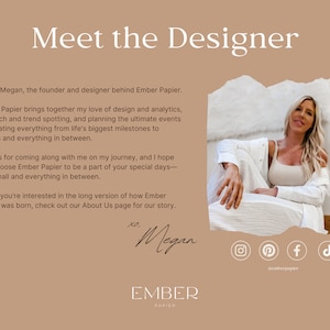Pode incluir: Megan, a fundadora e designer da Ember Papier, uma empresa que cria artigos de papel personalizados para eventos, festas e marcos importantes. A imagem mostra Megan sentada em um sof&aacute; branco, sorrindo para a c&acirc;mera. O texto "Meet the Designer" est&aacute; no topo da imagem, e o texto "Ember Papier" est&aacute; na parte inferior da imagem.