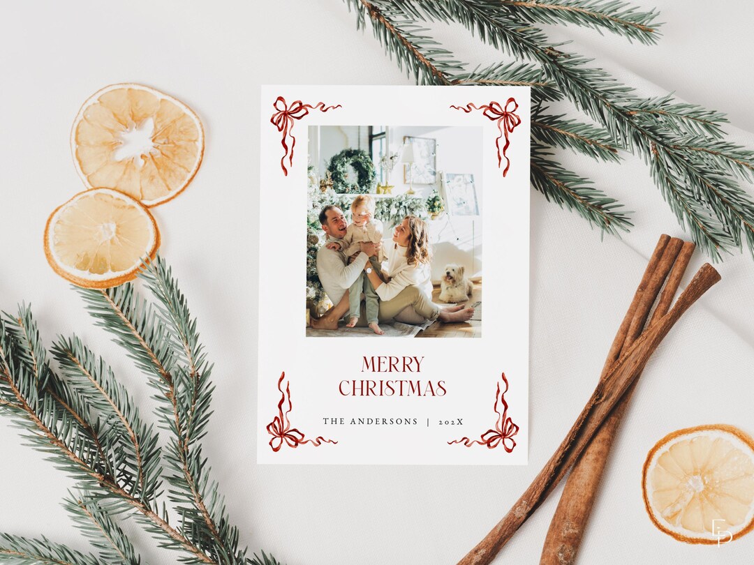 Red Bows & Ribbons Christmas Card Template for Editable Classic Holiday ...